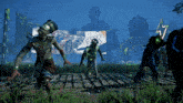 a group of zombies walking in front of a billboard that says ' 8888 ' on it