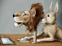 a cartoon drawing of a lion and a rabbit looking at a computer keyboard