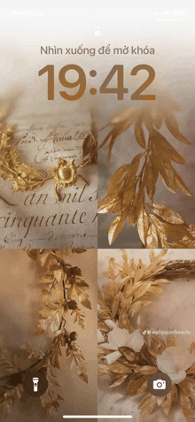 a phone screen shows the time as 19:42 and a collage of gold leaves