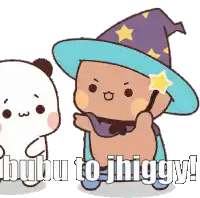 a cartoon bear wearing a wizard hat is standing next to another bear