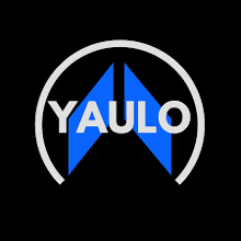 a logo for yaulo with a blue arrow pointing to the right