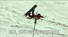 a snowboarder is falling down a snow covered slope with the words `` me , snowboarding '' written next to him .