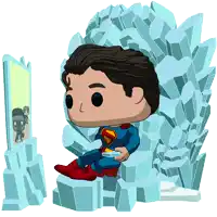 a funko pop of superman sitting on a throne holding a game controller