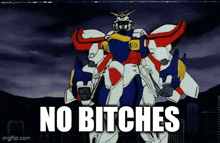 a robot is standing in front of a city and says no bitches