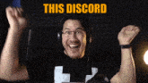 a man wearing headphones and a t-shirt that says this discord is celebrating