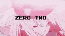 a girl wearing a pink hat with the words zero two written on it