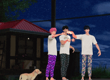 a cartoon drawing of three people standing in front of a house with a dog