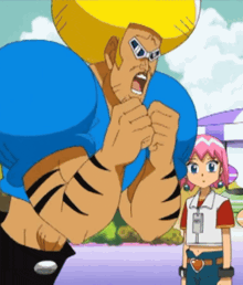 a cartoon character with a blue shirt and a yellow hat is standing next to a girl with pink hair