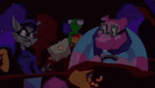 a group of cartoon characters are sitting in a car and one of them is a pig