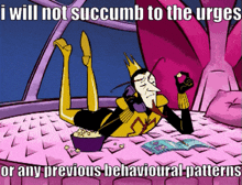 a cartoon of a king laying on a bed with a bowl of popcorn and a phone