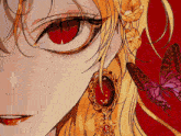 a close up of a girl 's face with red eyes