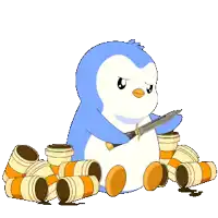 a penguin is holding a knife while sitting on a pile of cups