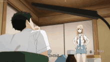 a man sitting in a chair talking to a girl who says " w-well "