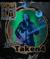 a man singing into a microphone while playing a guitar in front of a wow prime elite agency logo
