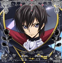 a picture of a boy with purple eyes is surrounded by black roses and hearts