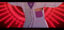 a man in a lab coat and tie is standing with his arms outstretched in front of a red background .