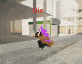 a cartoon character is standing in front of a building with the word die above him