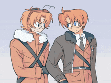 two anime characters standing next to each other with one wearing a goggles