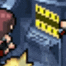a pixel art of a person holding a sword and a sign that says boo .