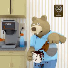coffee time pour spill bear tired