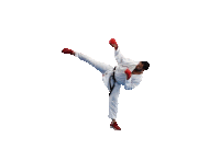 a man in a karate uniform is kicking a red ball