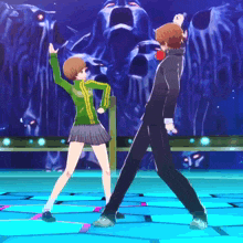 a man and a woman are dancing in front of a ghost face
