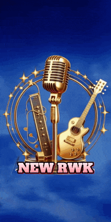 a guitar and a microphone with the words new rwk below