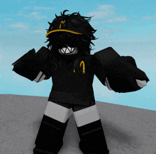 a girl in a black hoodie with a yellow letter g on the front