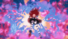 a cartoon character with red hair is flying through the air