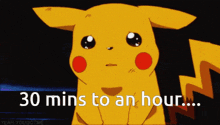 a picture of a pikachu with the words 30 mins to an hour