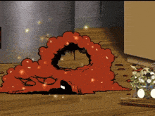 a cartoon explosion with a brick wall behind it