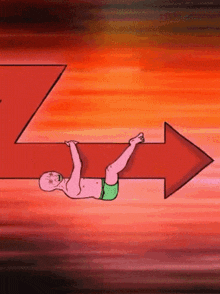 a cartoon of a man laying on a red arrow