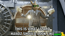 a lizard in a suit is holding stacks of money in front of a vault door
