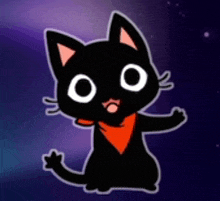 a cartoon black cat with a red scarf around its neck