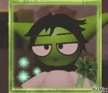 a picture of a green cartoon character with a green bow in the corner