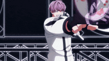 a man with purple hair is pointing a gun