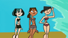 a cartoon of three women in bikinis standing in the water