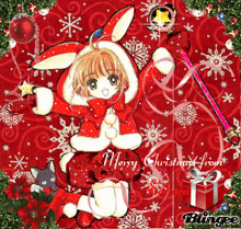 a christmas card with a girl dressed in a bunny costume