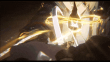 a person is standing in a dark room with a sword and a circle of light around them