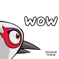 a cartoon of a bird with a red eye and the word wow on the bottom