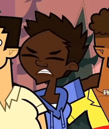 a group of cartoon characters are standing next to each other and one of them is looking angry