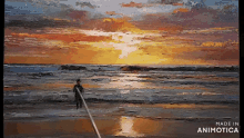 a painting of a man fishing on a beach with the words made in animotica at the bottom