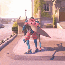 a robot with a sword and shield is standing on a sidewalk in front of a building
