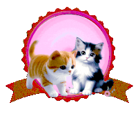 two kittens in a pink circle with a red ribbon around them