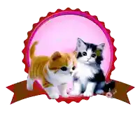 two kittens in a pink circle with a red ribbon around them