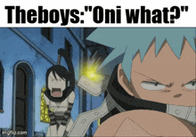 a cartoon character with the words " the boys oni what " on the bottom