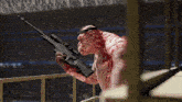 a video game character is running in a stadium with a sword in his hand