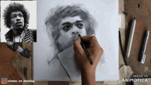 a drawing of jimi hendrix is shown next to a black and white photo of him