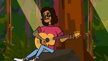 a man with a mustache is playing a guitar in the woods