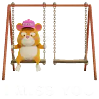 a cartoon mouse wearing a pink hat that says grind is sitting on a swing
